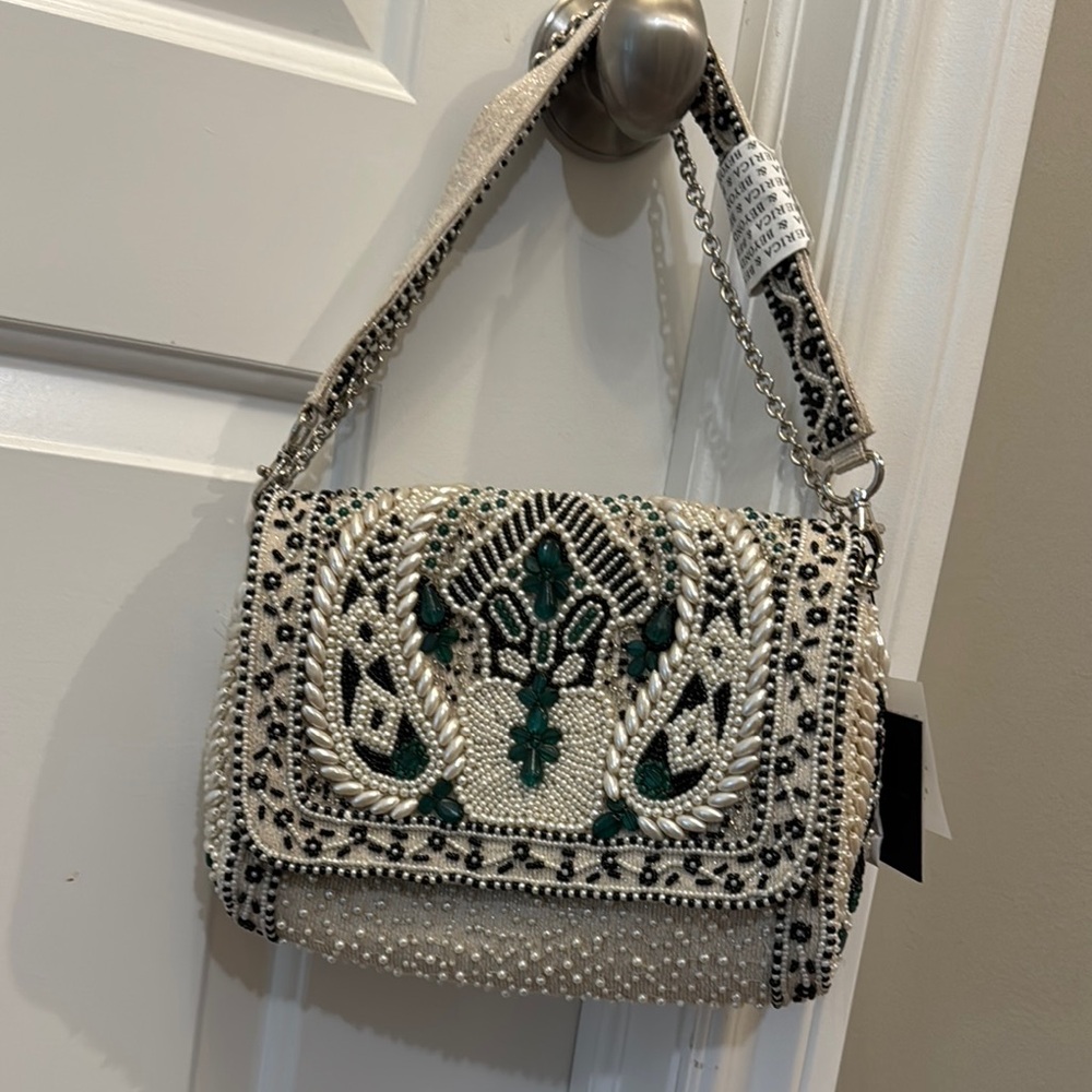 Embroidered Cream and Green Handbag